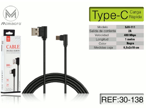 [MIM30-138] Cavo alimentazione USB Type C - Alta corrente - Lunghezza 1 metro - Nero - Ad angolo