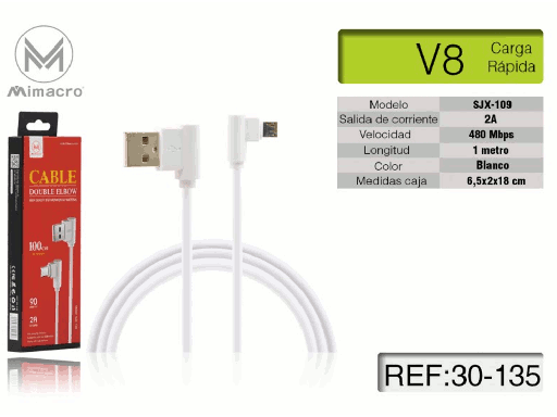 [MIM30-135] Cavo alimentazione USB per Android - Alta corrente - Lunghezza 1 metro - Bianco - Ad angolo