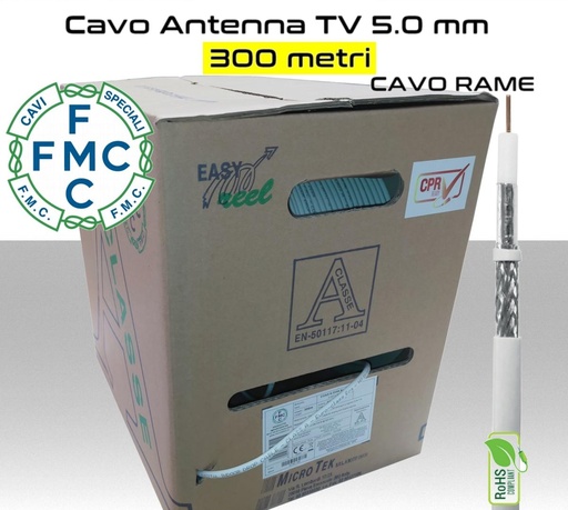 [MS0911] Cavo coassiale per antenna TV 5 mm in bobina 300 metri Rame e PVC bianco Micro TEK