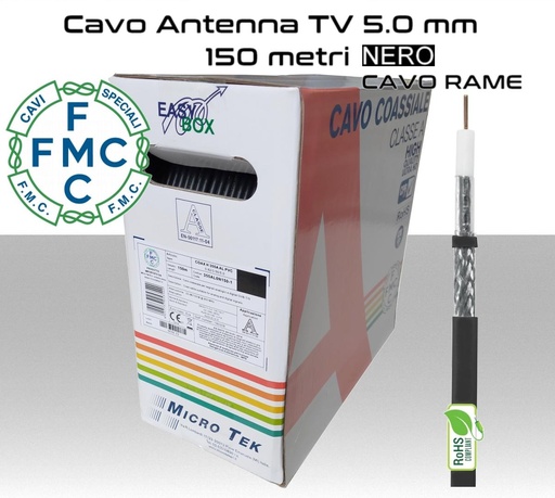 [MS0910] Cavo coassiale per antenna TV 5 mm in bobina 150 metri Rame e PVC nero Micro TEK