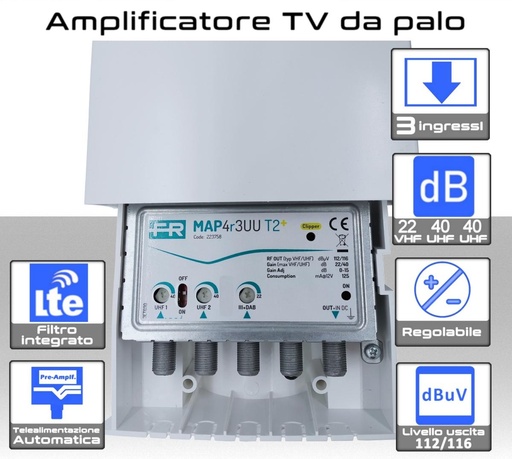 [MS2269] Amplificatore antenna TV 3 ingressi VHF-UHF-UHF 40dB regolabile Filtro 5G