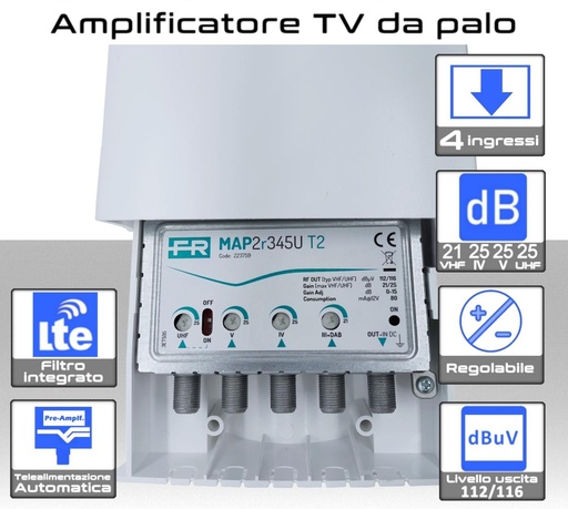 [MS2268] Amplificatore antenna TV 4 ingressi VHF-IV-V-UHF 25dB regolabile Filtro 5G