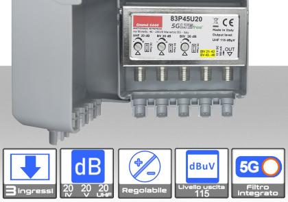 [MS2472E]  Amplificatore antenna TV 3 ingressi VHF-IV-V-UHF 20dB regolabile Emme Esse 83P45U20